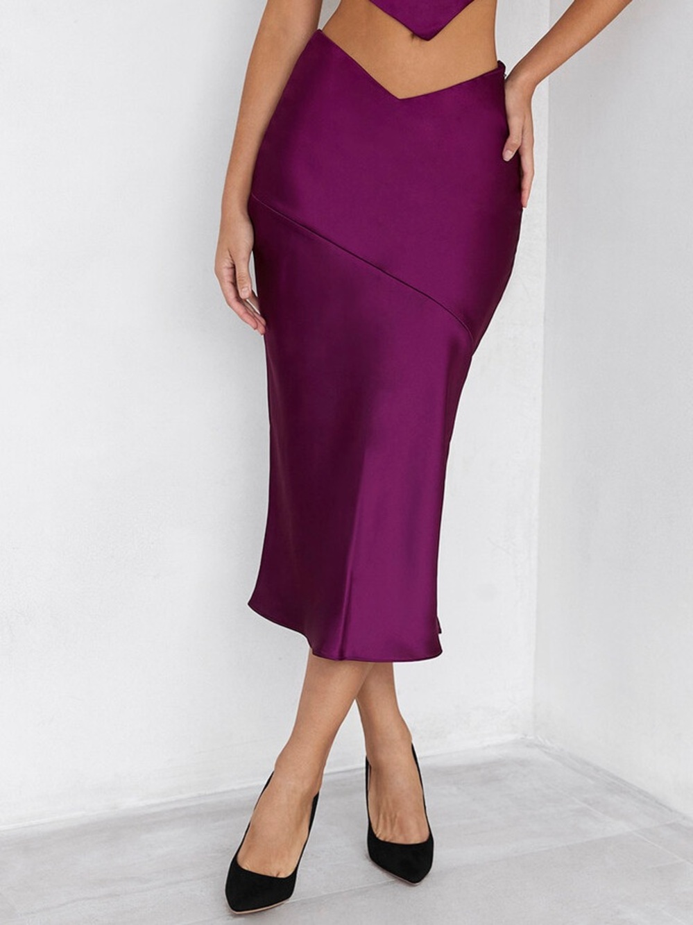 Mistress Rocks Plum Purple Satin Midi Skirt Sz XS - Asymmetric Bias Cut Seam